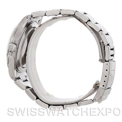 Side view of a Rolex Explorer 16570 Men's Stainless Steel Black Dial 16570 Men's Stainless Steel Black Dial watch showing the bracelet and part of the case.