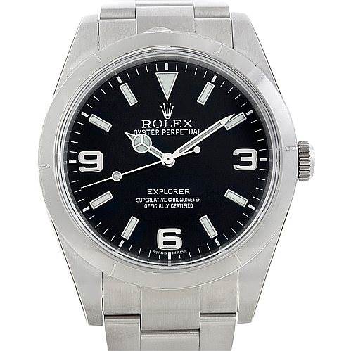 This image shows a front-facing view of the Rolex Explorer 214270 Men
s Stainless Steel Black Dial 214270 Men
s Stainless Steel Black Dial watch, displaying its dial, hands, bezel, and part of the bracelet.