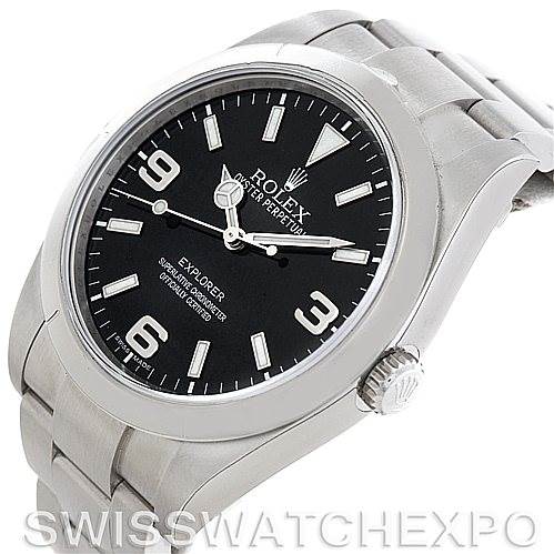 The Rolex Explorer 214270 Men
s Stainless Steel Black Dial 214270 Men
s Stainless Steel Black Dial watch is shown from a slightly angled side view, displaying the dial, bezel, crown, and a portion of the bracelet.