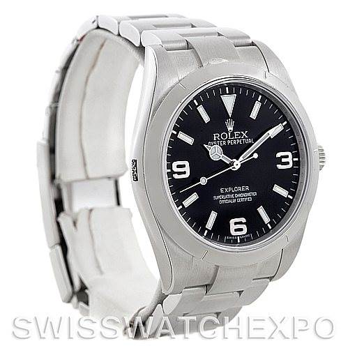 The image shows a side angle of the Rolex Explorer 214270 Men
s Stainless Steel Black Dial 214270 Men
s Stainless Steel Black Dial watch, highlighting its bezel, dial, bracelet, and clasp.