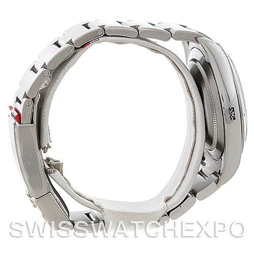 This image shows a side view of the Rolex Explorer 214270 Men
s Stainless Steel Black Dial 214270 Men
s Stainless Steel Black Dial watch, focusing on the bracelet and case.