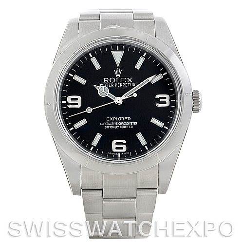 This image shows a front view of a Rolex Explorer 214270 Men
s Stainless Steel Black Dial 214270 Men
s Stainless Steel Black Dial watch, highlighting its face, bezel, crown, and bracelet.
