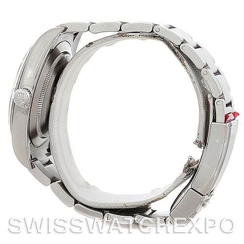 Side view of a Rolex Explorer 214270 Men
s Stainless Steel Black Dial 214270 Men
s Stainless Steel Black Dial, showing the crown, bezel, and bracelet.