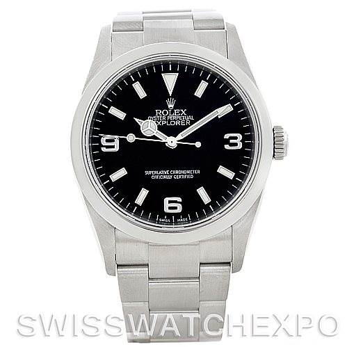 This image shows a frontal view of a Rolex Explorer 114270 Men's Stainless Steel Black Dial 114270 Men's Stainless Steel Black Dial watch, highlighting the dial, bezel, and part of the bracelet.