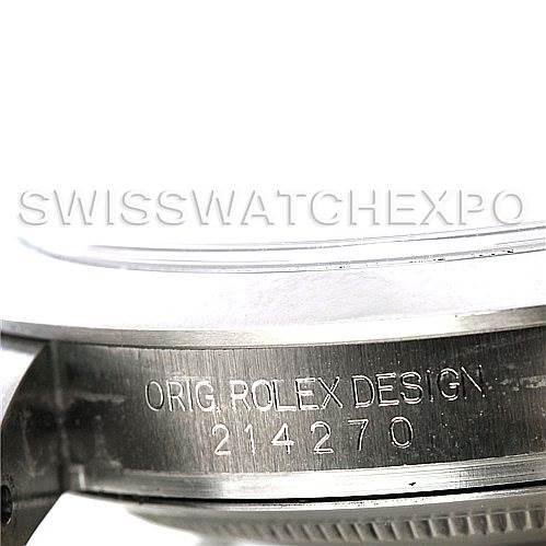 The image shows a close-up of the case side of a Rolex Explorer 114270 Men's Stainless Steel Black Dial 114270 Men's Stainless Steel Black Dial, featuring the engraved model number "214270" and "Orig Rolex Design."