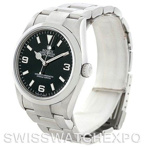 The image shows a Rolex Explorer 114270 Men's Stainless Steel Black Dial 114270 Men's Stainless Steel Black Dial watch angled to display its face, bezel, crown, and bracelet.