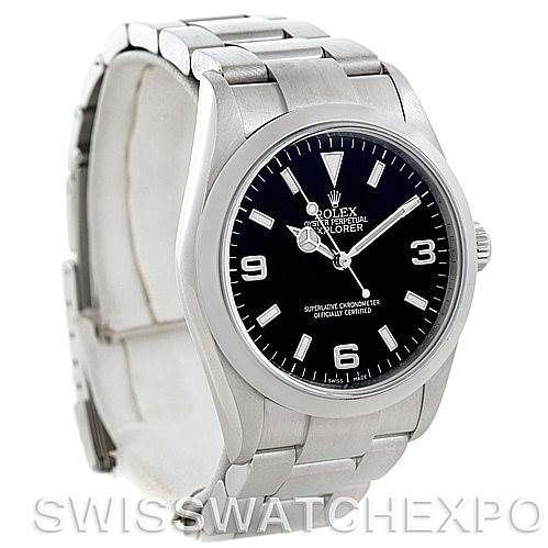 The image shows a Rolex Explorer 114270 Men's Stainless Steel Black Dial 114270 Men's Stainless Steel Black Dial watch angled from the front-left, displaying the dial, bezel, crown, and bracelet.