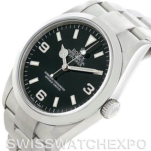 The image shows a side-angle view of the Rolex Explorer 114270 Men's Stainless Steel Black Dial 114270 Men's Stainless Steel Black Dial watch, highlighting its dial, crown, and bracelet.