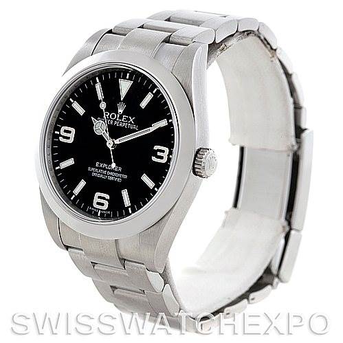 The image shows a front three-quarter view of a Rolex Explorer 214270 Men's Stainless Steel Black Dial 214270 Men's Stainless Steel Black Dial watch, highlighting its face, bezel, and bracelet.
