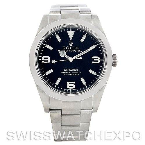 The image shows a front view of a Rolex Explorer 214270 Men's Stainless Steel Black Dial 214270 Men's Stainless Steel Black Dial model watch, showcasing its dial, case, bezel, and bracelet.