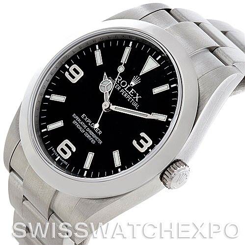 This image shows a close-up of the Rolex Explorer 214270 Men's Stainless Steel Black Dial 214270 Men's Stainless Steel Black Dial watch, displaying its black dial, bezel, crown, and part of the bracelet.