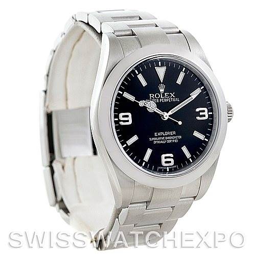 The image shows a Rolex Explorer 214270 Men's Stainless Steel Black Dial 214270 Men's Stainless Steel Black Dial watch at a slight angle, highlighting its face, bezel, and bracelet.