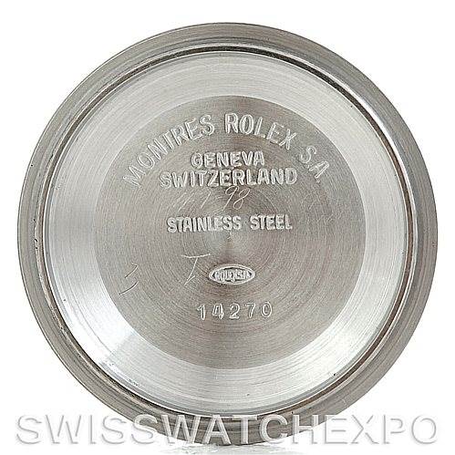 The image shows the inside case back of the Rolex Explorer 14270 Men's Stainless Steel Black Dial 14270 Men's Stainless Steel Black Dial model, displaying engraved specifications and serial number 14270.