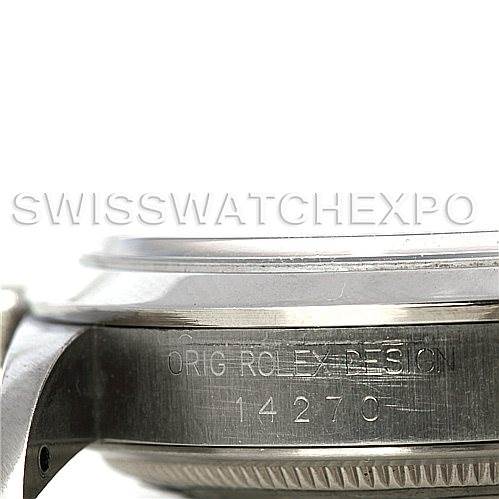 The image shows the side view of the case of a Rolex Explorer 14270 Men's Stainless Steel Black Dial 14270 Men's Stainless Steel Black Dial watch, highlighting the engraved model number 14270.