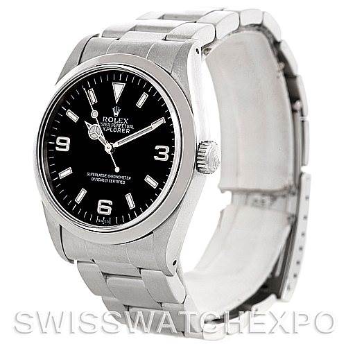 The image shows a Rolex Explorer 14270 Men's Stainless Steel Black Dial 14270 Men's Stainless Steel Black Dial watch from an angled side view, highlighting the dial, bezel, bracelet, and crown.