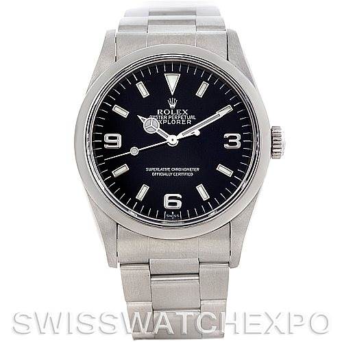 The image shows a frontal view of a Rolex Explorer 14270 Men's Stainless Steel Black Dial 14270 Men's Stainless Steel Black Dial watch, showcasing its dial, bezel, crown, and bracelet.