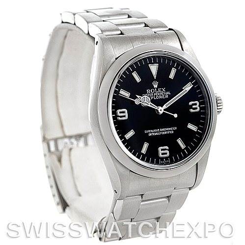 This image shows a Rolex Explorer 14270 Men's Stainless Steel Black Dial 14270 Men's Stainless Steel Black Dial watch at a three-quarter angle, displaying the case, dial, bracelet, and clasp.