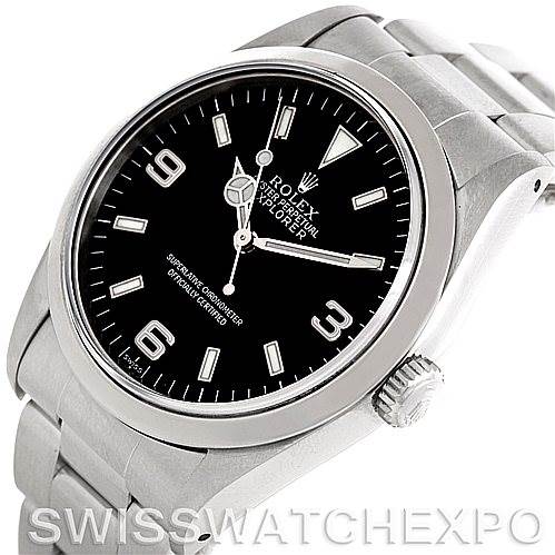 The image shows a Rolex Explorer 14270 Men's Stainless Steel Black Dial 14270 Men's Stainless Steel Black Dial watch at a rightward angle, highlighting the dial, bezel, crown, and part of the bracelet.