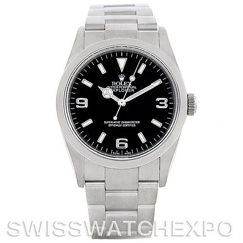 This image shows a front view of the Rolex Explorer 114270 Men's Stainless Steel Black Dial 114270 Men's Stainless Steel Black Dial watch, displaying its dial, bezel, crown, and bracelet.