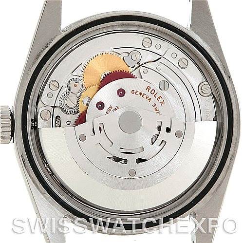 This image shows the back view of the Rolex Explorer 114270 Men's Stainless Steel Black Dial 114270 Men's Stainless Steel Black Dial watch, highlighting its internal mechanical movement.