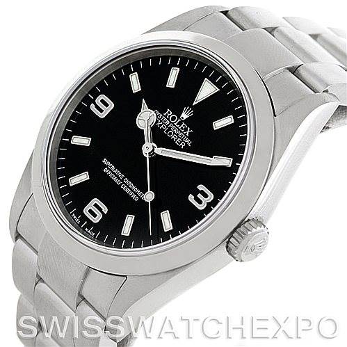 The image shows a Rolex Explorer 114270 Men's Stainless Steel Black Dial 114270 Men's Stainless Steel Black Dial watch at a three-quarter angle, highlighting the dial, bezel, crown, and part of the bracelet.
