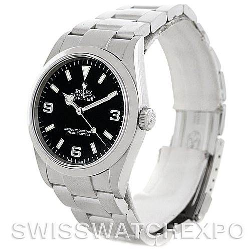 A side angle view of the Rolex Explorer 114270 Men's Stainless Steel Black Dial 114270 Men's Stainless Steel Black Dial watch showcasing the black dial, bezel, and bracelet.