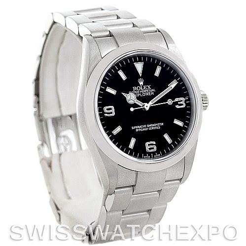 The image shows a Rolex Explorer 114270 Men's Stainless Steel Black Dial 114270 Men's Stainless Steel Black Dial watch at a three-quarter angle, highlighting the face, bezel, and bracelet.