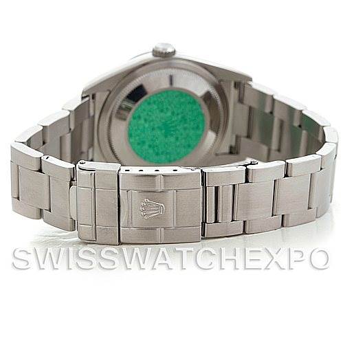 This image shows the back view of a Rolex Explorer 114270 Men's Stainless Steel Black Dial 114270 Men's Stainless Steel Black Dial watch, highlighting the bracelet and clasp with the Rolex logo.