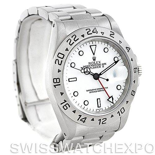 The image shows a front and slightly angled view of the Rolex Explorer 16570 Men's Stainless Steel White Dial 16570 Men's Stainless Steel White Dial watch, highlighting the face, bezel, and part of the bracelet.
