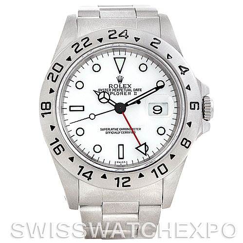This image shows a front view of a Rolex Explorer 16570 Men's Stainless Steel White Dial 16570 Men's Stainless Steel White Dial watch, highlighting the dial, hands, bezel, and bracelet.