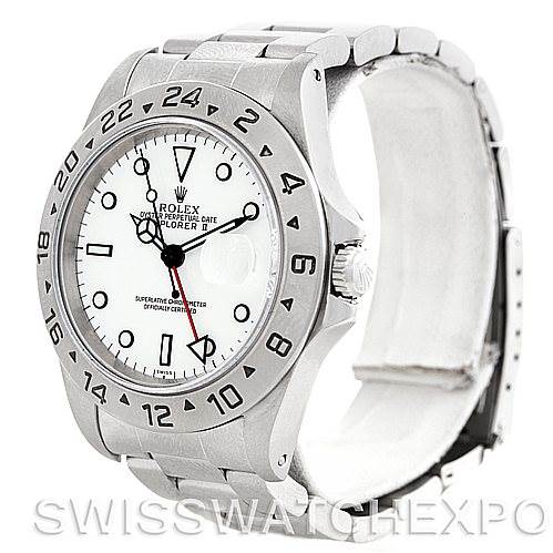 The image shows a Rolex Explorer 16570 Men's Stainless Steel White Dial 16570 Men's Stainless Steel White Dial watch, highlighting its face, bezel, case, and part of the stainless steel bracelet from a slightly angled front view.