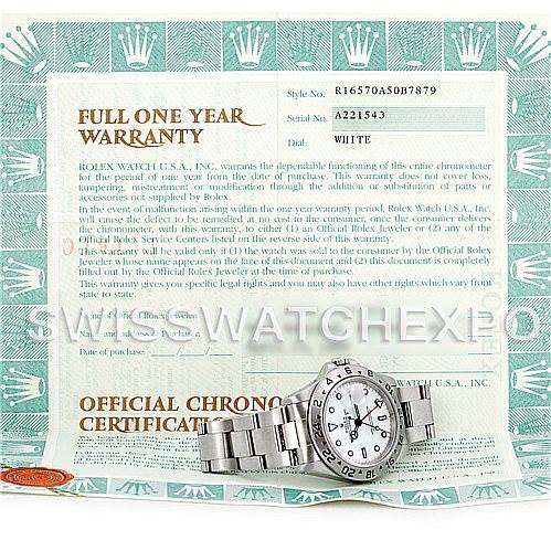 This image shows a Rolex Explorer 16570 Men's Stainless Steel White Dial 16570 Men's Stainless Steel White Dial watch and its full one-year warranty certificate.