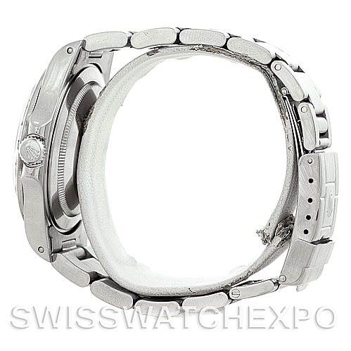 This image shows a side view of the Rolex Explorer 16570 Men's Stainless Steel White Dial 16570 Men's Stainless Steel White Dial watch, highlighting its case, bezel, crown, and bracelet.