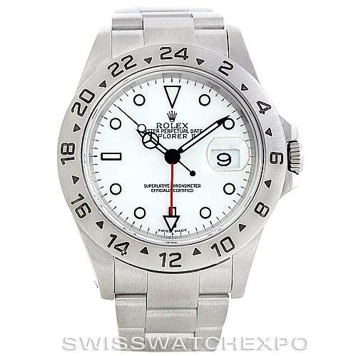 The image shows a front view of a Rolex Explorer 16570 Men's Stainless Steel White Dial 16570 Men's Stainless Steel White Dial watch, displaying its dial, bezel, bracelet, crown, and date window.