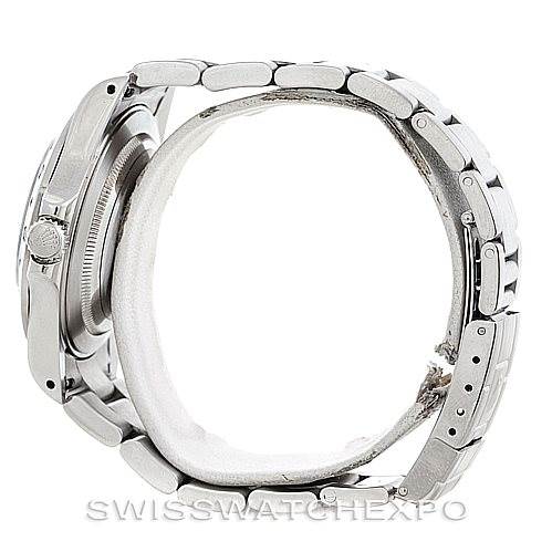 This image shows a side view of the Rolex Explorer 16570 Men's Stainless Steel White Dial 16570 Men's Stainless Steel White Dial watch, highlighting the case, crown, and bracelet.