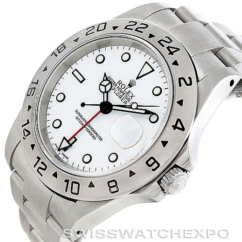 This image shows a Rolex Explorer 16570 Men's Stainless Steel White Dial 16570 Men's Stainless Steel White Dial model watch from a three-quarter angle, highlighting its bezel, dial, crown, and band.