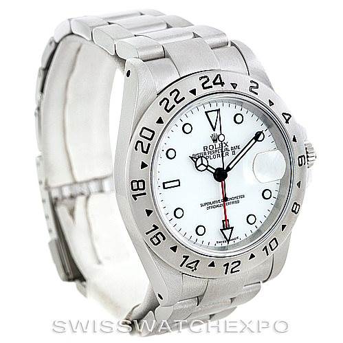 The image shows a Rolex Explorer 16570 Men's Stainless Steel White Dial 16570 Men's Stainless Steel White Dial model watch from an angled front view, highlighting its face, bezel, crown, and stainless steel bracelet.