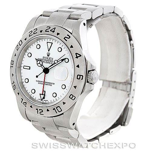 The image shows a Rolex Explorer 16570 Men's Stainless Steel White Dial 16570 Men's Stainless Steel White Dial watch, focusing on the dial, bezel, and stainless steel bracelet at an angled side view.
