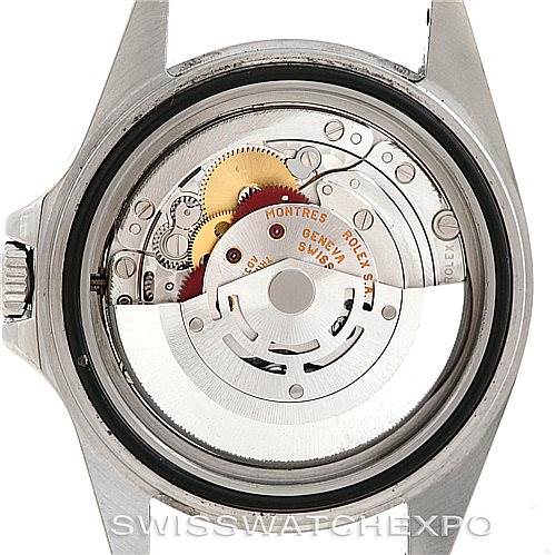 This image shows the internal mechanical components of the Rolex Explorer 16570 Men's Stainless Steel White Dial 16570 Men's Stainless Steel White Dial watch from a back angle with the case back removed.