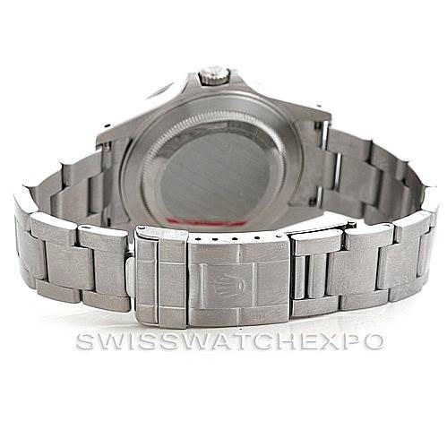 This image shows the back view of a Rolex Explorer 16570 Men's Stainless Steel White Dial 16570 Men's Stainless Steel White Dial watch, focusing on the case back and the metal bracelet.