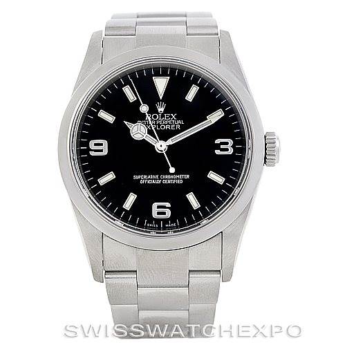 This image shows a front view of a Rolex Explorer 114270 Men's Stainless Steel Black Dial 114270 Men's Stainless Steel Black Dial watch, highlighting its black dial, silver hands, numerals, and stainless steel bracelet.