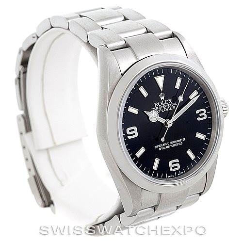 The image shows a side-angle view of a Rolex Explorer 114270 Men's Stainless Steel Black Dial 114270 Men's Stainless Steel Black Dial watch, displaying the face, bezel, and a portion of the bracelet.