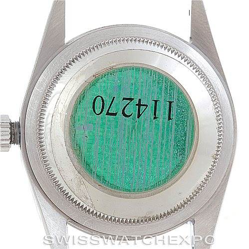 This image shows the case back of an Explorer model by Rolex, viewed from the rear side.