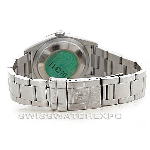 The image displays the rear view of a Rolex Explorer 114270 Men's Stainless Steel Black Dial 114270 Men's Stainless Steel Black Dial watch, showing the case back and the stainless steel bracelet with a clasp.