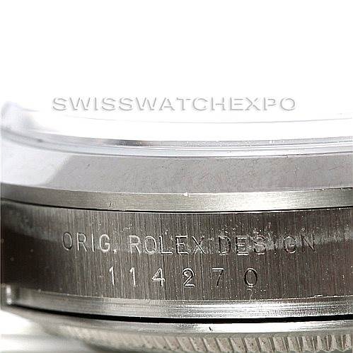 This image shows the side of the Rolex Explorer 114270 Men's Stainless Steel Black Dial 114270 Men's Stainless Steel Black Dial watch, highlighting the engraved model number "114270" and "ORIG. ROLEX DESIGN."