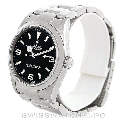 This image shows a front angle of the Rolex Explorer 114270 Men's Stainless Steel Black Dial 114270 Men's Stainless Steel Black Dial model, highlighting its black dial, silver bezel, and stainless steel bracelet.