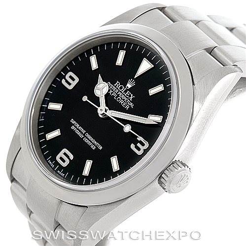 This image shows the Rolex Explorer 114270 Men's Stainless Steel Black Dial 114270 Men's Stainless Steel Black Dial watch at a slight angle, highlighting the black dial, stainless steel case, and bracelet.