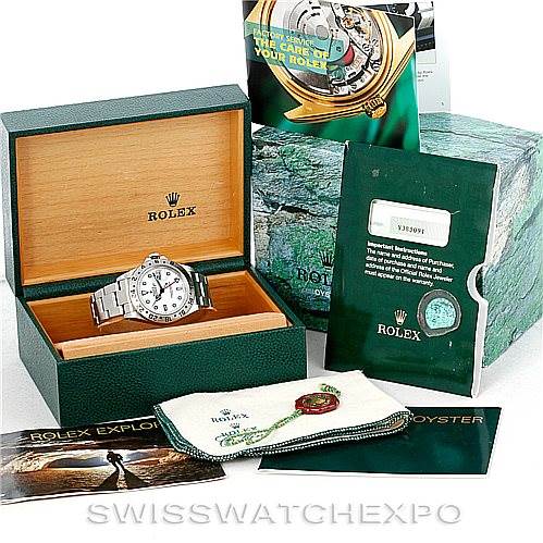 The image shows a Rolex Explorer 16570 Men's Stainless Steel White Dial 16570 Men's Stainless Steel White Dial watch with its original box, warranty card, manual, and other accessories from various angles.