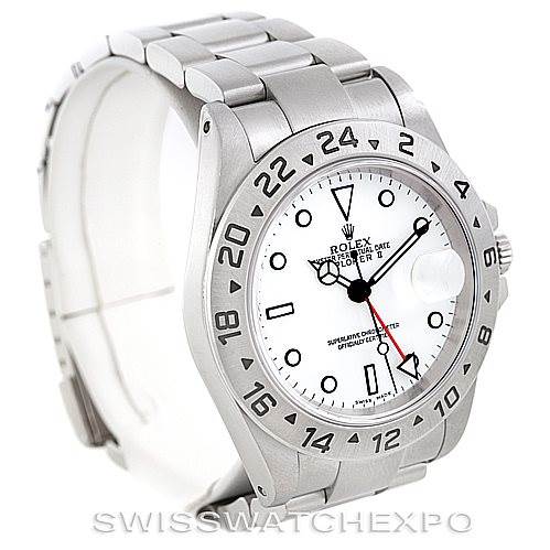 The image shows a side angle of a Rolex Explorer 16570 Men's Stainless Steel White Dial 16570 Men's Stainless Steel White Dial II, highlighting the bezel, crown, dial, and bracelet.