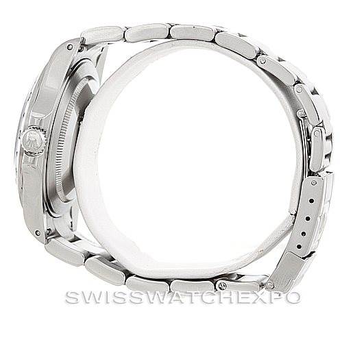 This image shows a side view of a Rolex Explorer 16570 Men's Stainless Steel White Dial 16570 Men's Stainless Steel White Dial model watch, highlighting its case, bezel, and bracelet.